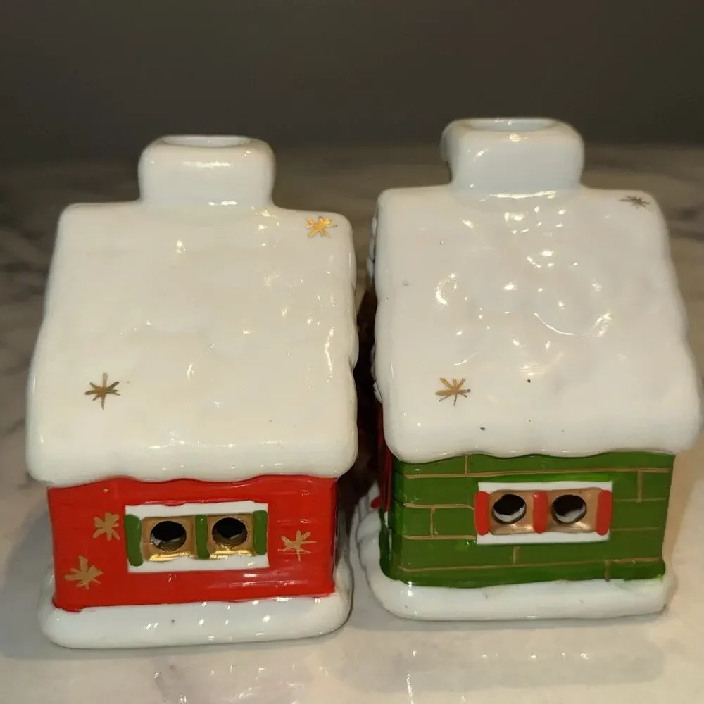 2 Vtg Christmas Tea Light‎ Candle Holder Houses Ski Chalet Cabin Smoking Chimney